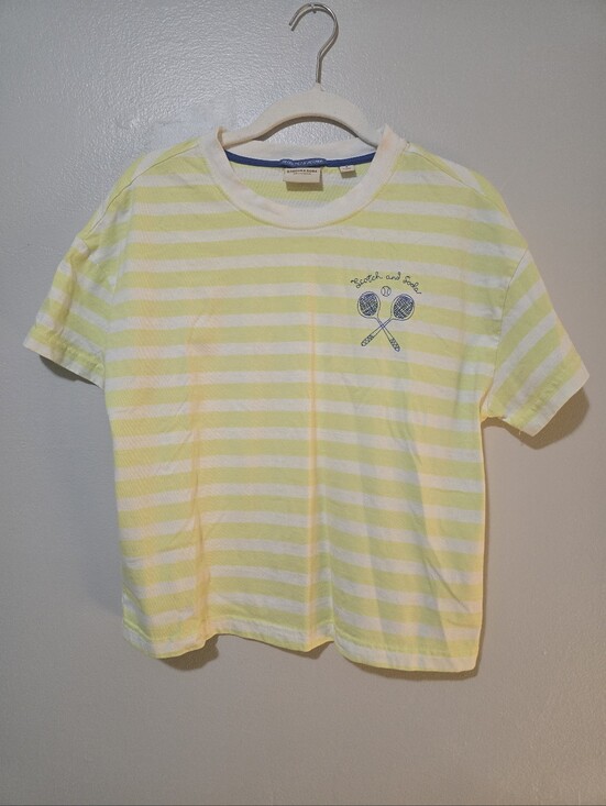 Scotch & Soda Tops - Scotch & Soda Yellow and White Striped Tee with Tennis Racket Graphic